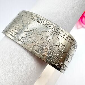 Kirk Stieff Pewter Cuff Bracelet Etched Flowers Vines Scrolls Signed Cottagecore
